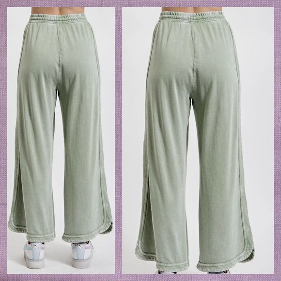 EASEL "So Comfy" Side Seams Scooped Hem Wide Leg Mineral Washed Pants Drawstring - Picture 3 of 16